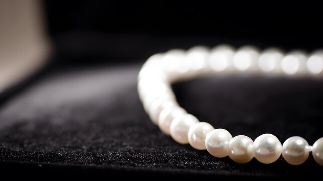 luster. A single strand of pearls arranged in curves on black velvet with soft lighting. lifestyle magazines, social media lookbooks, designed for lifestyle magazines and social media content.