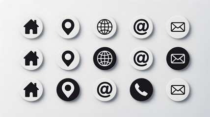 Collection of black and white icons representing home location globe email and phone for contact information on a light background