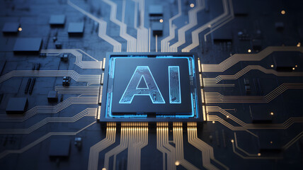 Futuristic ai chip glowing with blue light on a complex circuit board representing artificial intelligence and advanced technology