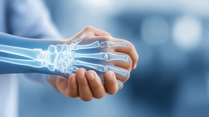 Concept of health and medical lifestyle. Focused shot of patient's hand holding wrist, showing wrist pain. See-through or X-ray image showing bone.