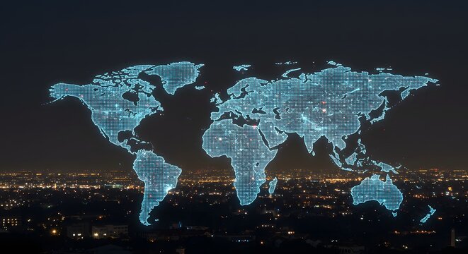 Digital world map glowing with interconnected points overlaid on a dark cityscape at night, symbolizing global connectivity and technology.