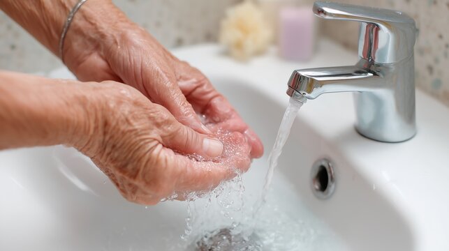 Focused image of an elderly woman's hands washing their hands in a sink.