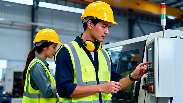 Factory workers operating machinery