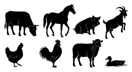 Silhouette Collection of Farm Animals Cow, Horse, Pig, and More