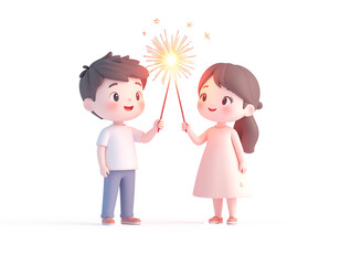 Two cartoon children hold sparklers together celebrating a festive New Year evening with fireworks effects.