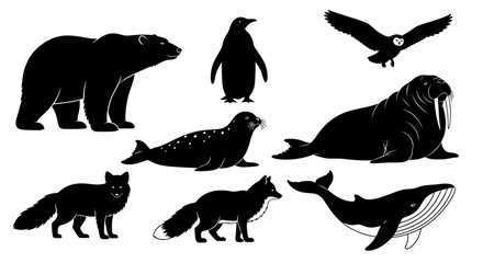 Collection of black silhouette icons featuring various Arctic and Antarctic animals polar bear, penguin, walrus, seal, arctic fox, owl, and whale illustrations for diverse nature-themed projects