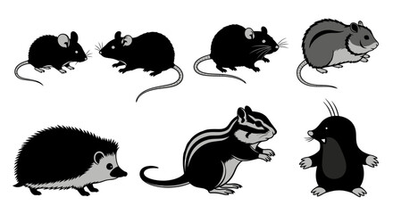 A charming set of small woodland and garden creatures illustrated in a simple monochrome style, featuring a mole, chipmunk, hedgehog, and rodents