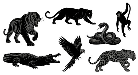 Collection of Silhouetted Wild Animals Including a Tiger, Panther, Monkey, Crocodile, Parrot, and Leopard