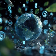 Earth surrounded by currency symbols