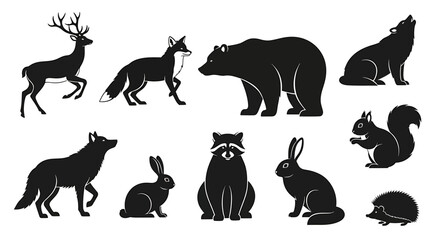 Dynamic collection of diverse forest animal silhouettes, featuring classic wildlife like deer, fox, bear, wolf, and rabbit. Ideal for nature-themed designs
