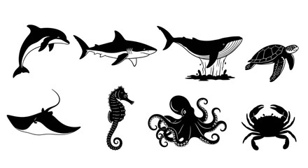 Naklejka premium A diverse collection of marine animal silhouettes. Set includes iconic ocean creatures like a dolphin, whale, shark, and octopus