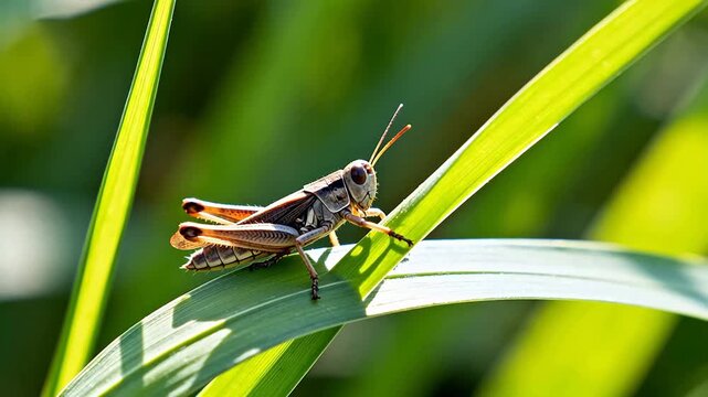 Grasshopper on green leaf