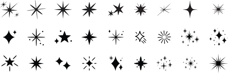 Sparkle Icons set, Sparkles, stars and bursts icons, twinkling stars. Vector set of different black sparkles icons on transparent background. Vector illustration ,glitter, twinkling and clean. Star sp