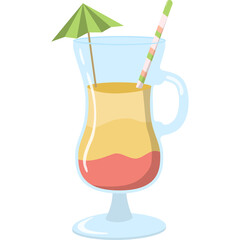Pixel Art Cocktail Glass With Layers of Red Yellow Orange Drinks Topped With A Green Umbrella And Striped Straw Isolated On White