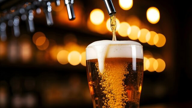 A golden liquid beer is pouring from a bottle into a cold glass at a bar for a refreshment drink