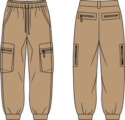 Cargo jogger pants front and back view, drawstring waistband, zipper pockets, elastic cuffs, fashion flat sketch, technical garment drawing, cad drawing flat vector illustration