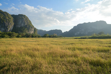 Obraz premium A karst mountain range stretching endlessly under golden sunlight