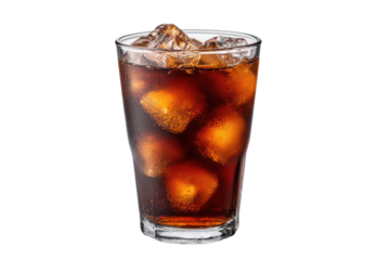 Tall glass of dark cola soda with ice cubes and condensation drink beverage, Png, Isolated on Transparent Background, Cut Out
