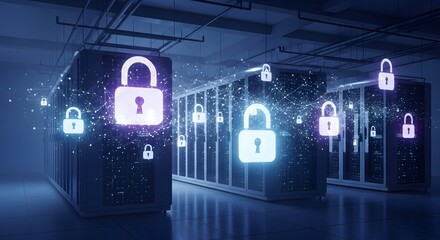 Digital locks float around glowing server racks, symbolizing data security and network protection in a modern data center.