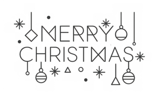 Merry christmas typography, elegant line art text with geometric shapes and holiday decorations, transparent background