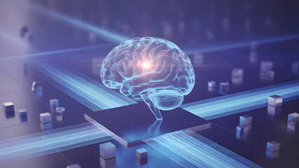 Futuristic glowing human brain integrated with advanced technology and digital data streams representing artificial intelligence and neural networks