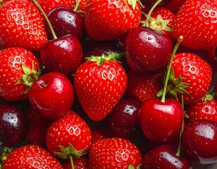 A close-up overhead view of mixed red berries cherries and strawberries