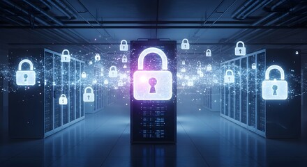 Digital security concept with glowing padlock icons and data servers in a futuristic data center.