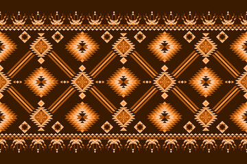 geometric ethnic textile design in warm brown, orange, and cream tones, featuring diamond and triangular motifs arranged symmetrically with a rich ethnic aesthetic. Geometric seamless vector pattern.
