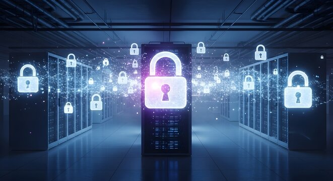 Digital security concept with glowing padlock icons and data servers in a futuristic data center.