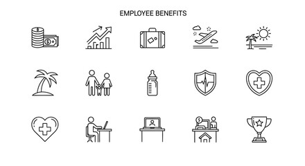 Employee benefits icons: health, vacation, retirement, and more.