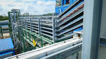 Multi-layer cable tray system designed for routing electrical wires from the substation to various equipment inside the factory,