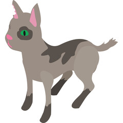 Stylized cartoon grey and brown kitten with green eyes and pink ears standing on a transparent background