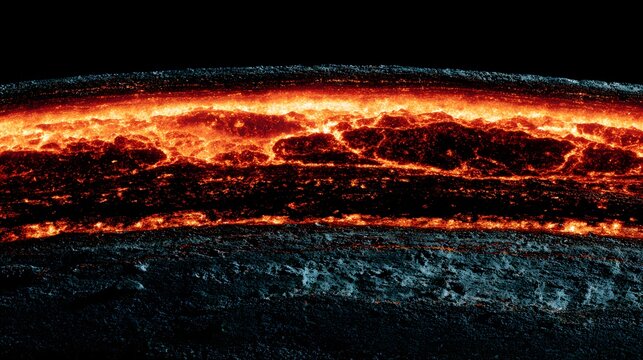 Incandescent molten material flows between dark, cooling crusts in a geological cross-section - Powered by Adobe