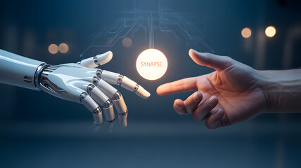 Human hand and robotic arm reaching towards a glowing light bulb symbolizing innovation and the future of technology