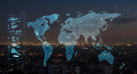 Digital world map with glowing connections over a city skyline at night, representing global data and communication.