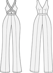 Sleeveless jumpsuit fashion sketch, V-neckline, crisscross back straps, wide-leg pants, garment construction detail, CAD drawing, flat vector illustration