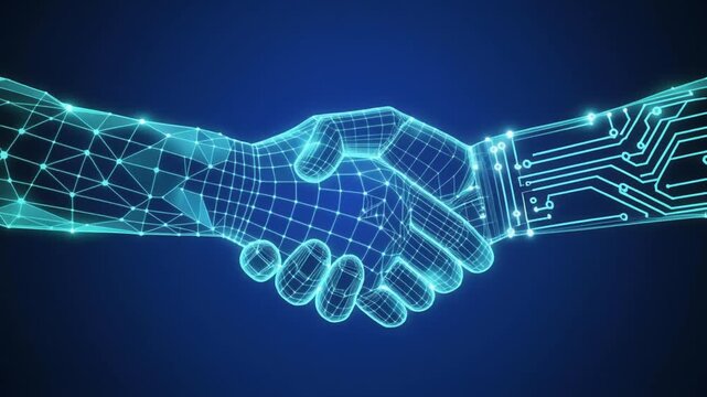 Digital partnership concept. A man and an AI robot engaging in a handshake. Abstract technology blue background. Great for a web banner or a presentation bg 4k video