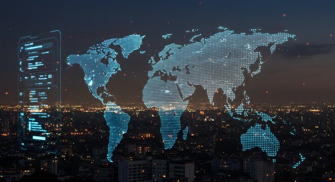 Digital world map with glowing connections over a city skyline at night, representing global data and communication. - Powered by Adobe