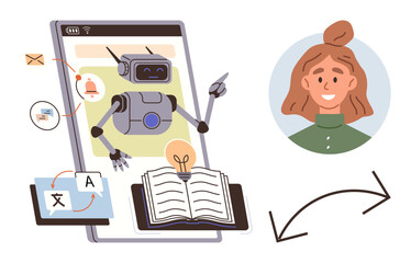 AI robot pointing from a phone screen, open book, translation tool, emails, smiling woman. Ideal for communication, language learning, technology AI translation education support themes. Simple