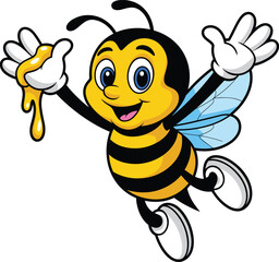 Cartoon bee with honey, flying pose, blue eyes, striped body, cheerful expression, children’s character, vector insect illustration