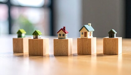 Miniature House Variety on Wooden Blocks with Blurred Background