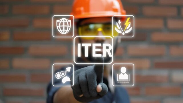  Engineer using virtual touch screen presses the word ITER. Concept of ITER International Thermonuclear Experimental Reactor Tokamak Industry Science Technology Research. JET nuclear fusion reactor.4k