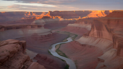 Dramatic canyon river landscape illustration featuring golden hour light illuminating vast geological formations