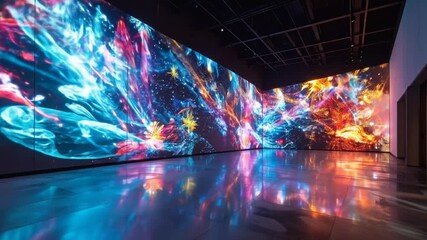 Immersive digital art installation with vibrant colors and reflections.