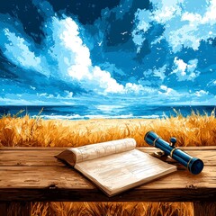 Seascape with Open Book and Telescope on Wooden Table