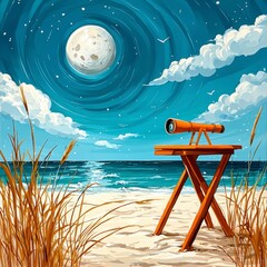 Nighttime Seascape with Telescope