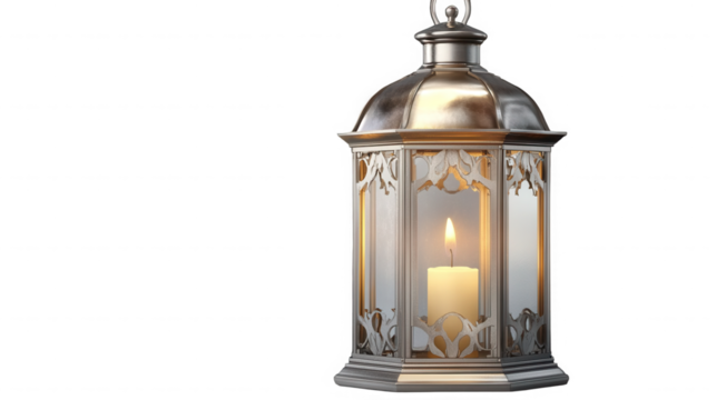 Close up of a silver lantern with a lit candle inside on a black background in a studio shot on transparent background
