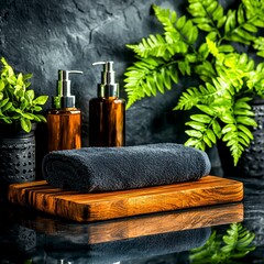 Spa Relaxation Dark Towel, Amber Bottles, and Lush Greenery