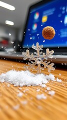 Winter Wonderland on a Desk Snowflake, Snow, and a Falling Treat.