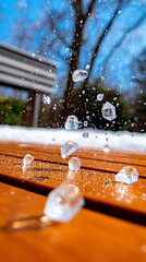 Ice Crystals Falling on Wooden Surface.